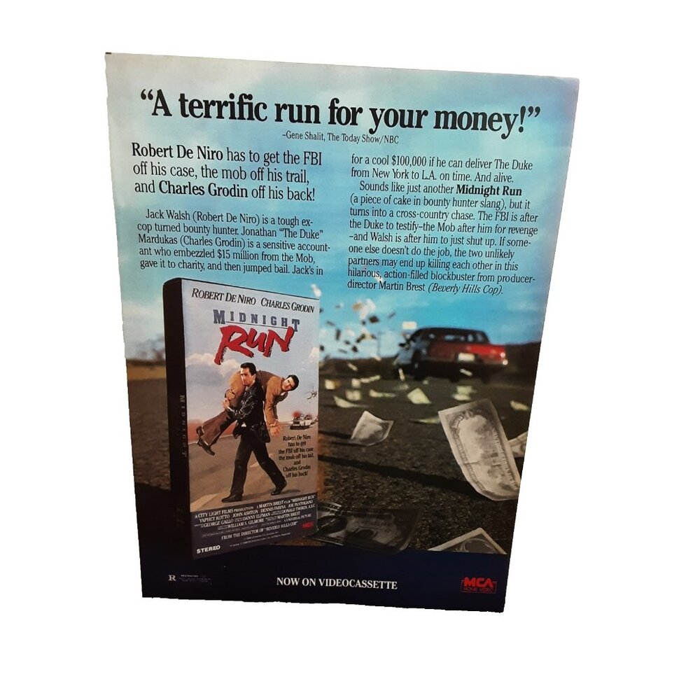 1989 Midnight Run VHS Ad Robert De Niro Charles Grodin MCA Vintage Movie Print